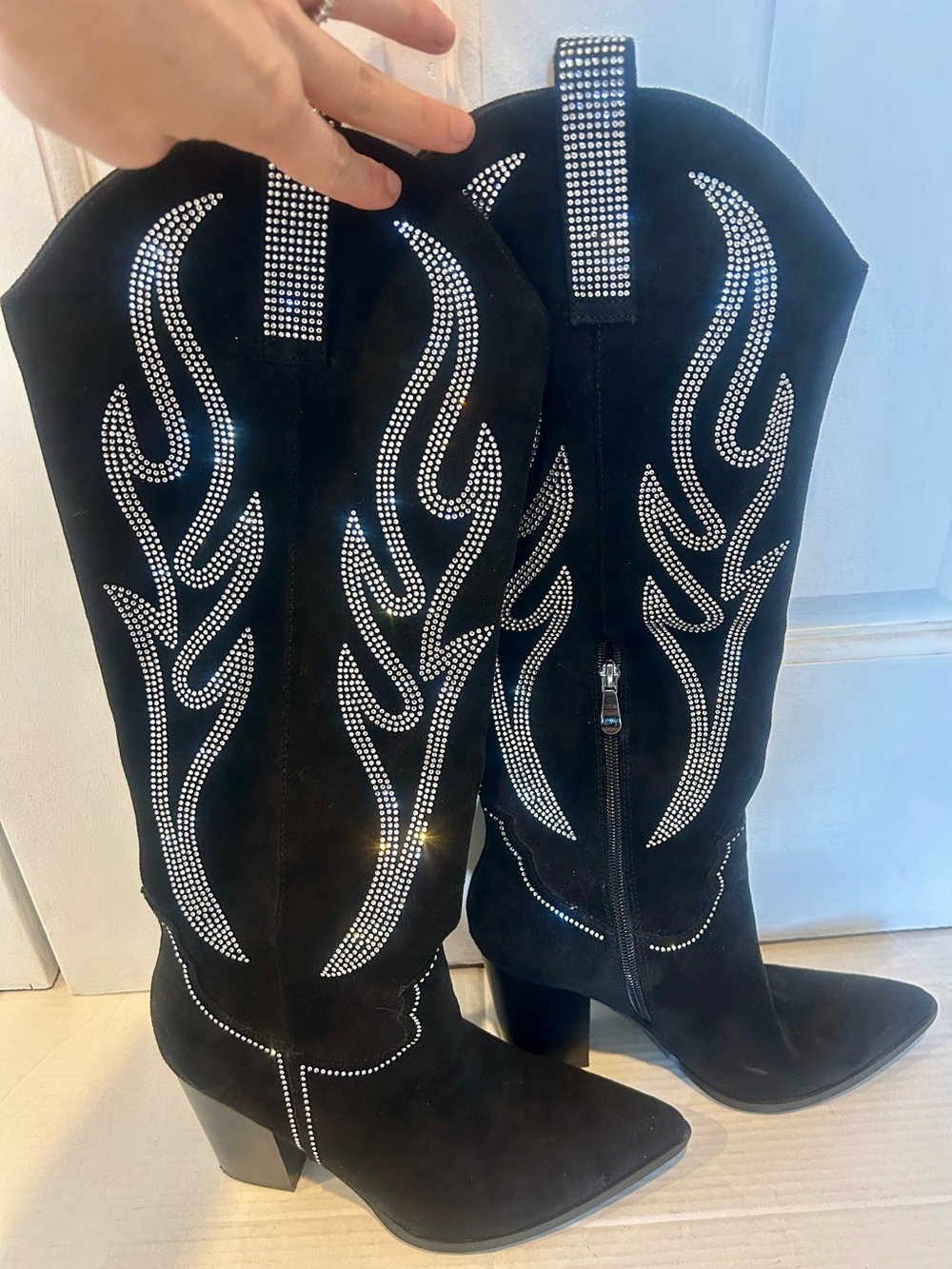 Source Unknown Black Suede Knee-High Boots with Rhinestone Flame Design